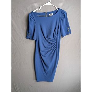DKNY Ruched Sheath Dress Blue Puff Sleeve Gold Button Size 8